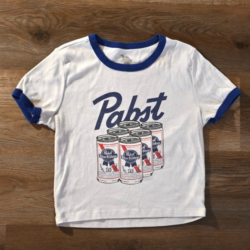 Graphic Pabst Blue Ribbon White and Blue Baby Tee